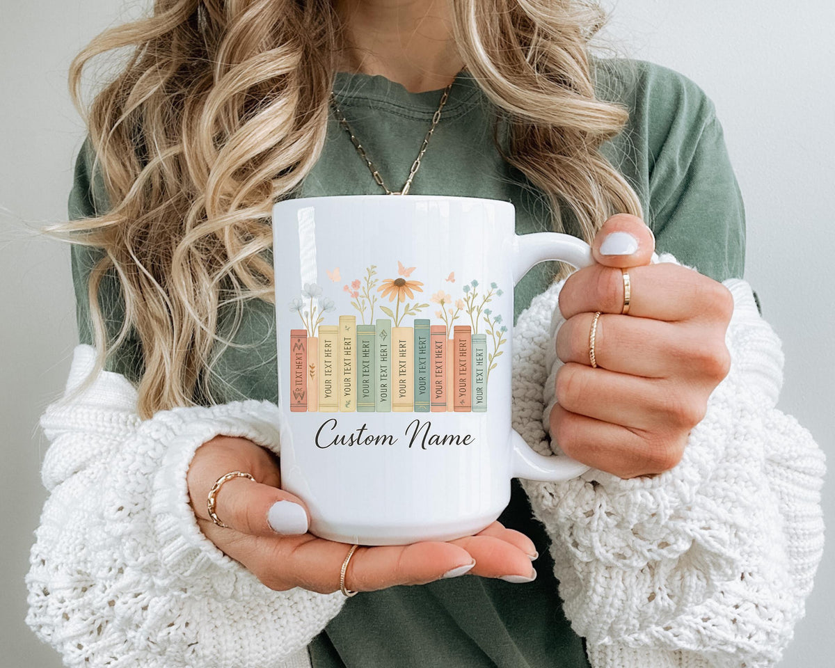 Personalized Floral Book Stack Mug, Librarian Gift