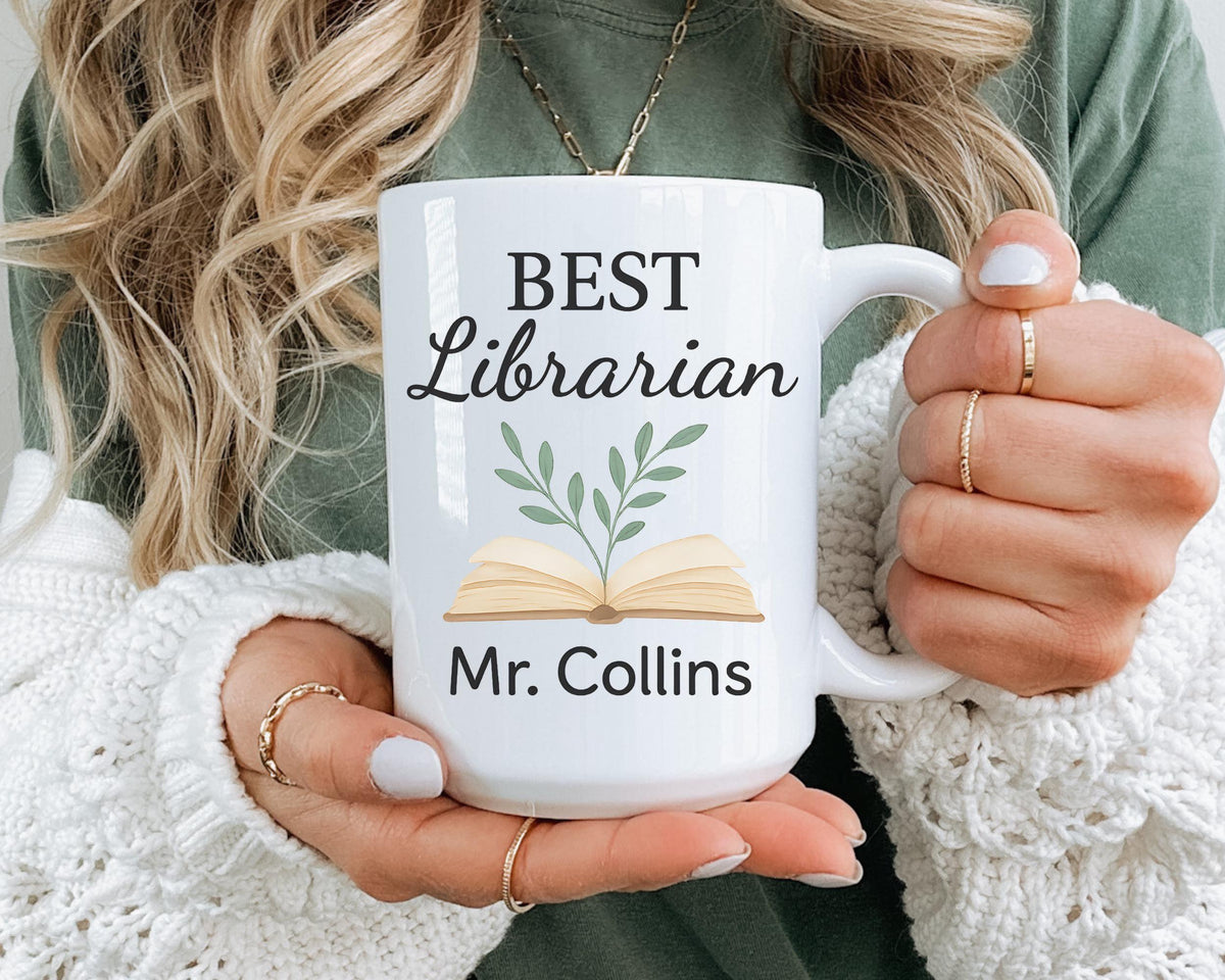 Personalized Librarian Gift Mug, Custom Name Book Lover Coffee Cup Mr. Collins