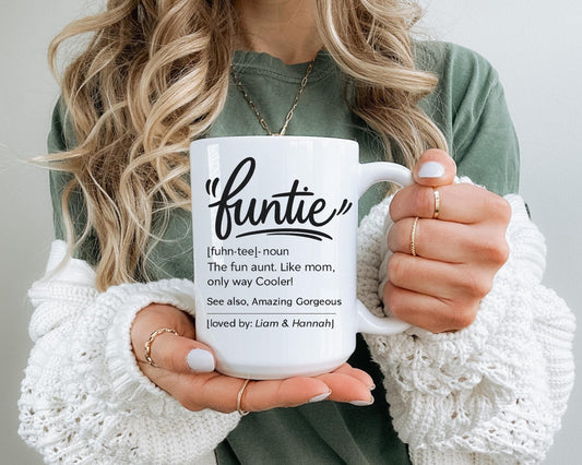 Funtie Mug, Funny Aunt Coffee Cup, Custom Name Ceramic, White 11oz