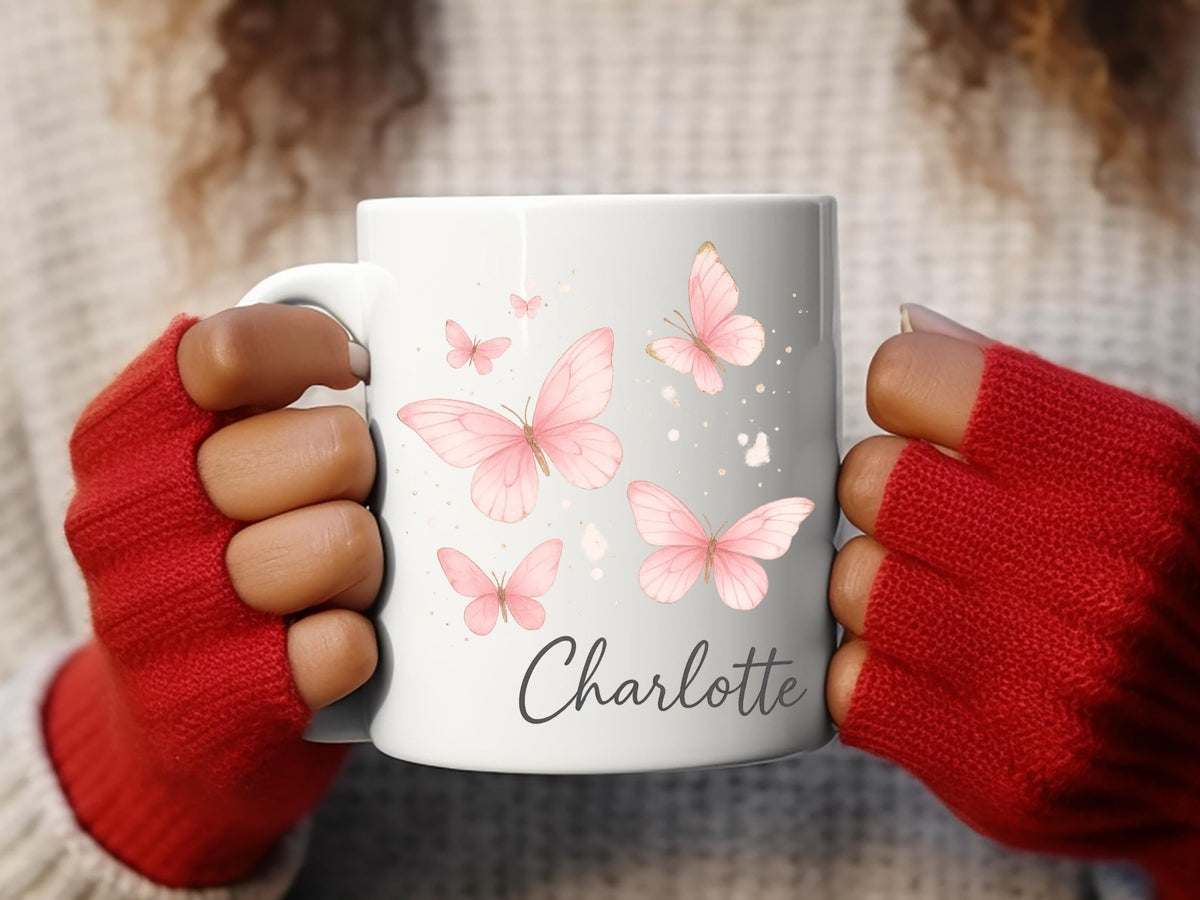 Personalized Butterfly Name Mug, Floral Coffee Cup, Pastel Accent Mug