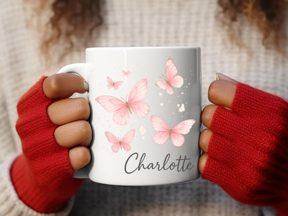 Personalized Butterfly Name Mug, Floral Coffee Cup, Pastel Accent Mug