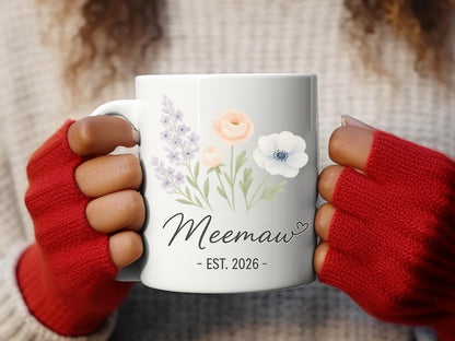 Floral Meemaw Mug Est 2026, Personalized Grandma Coffee Cup – Pregnancy Reveal Gift