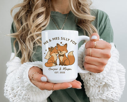 Personalized Fox Couple Mug, Custom Wedding Gift, Newlywed Coffee Cup