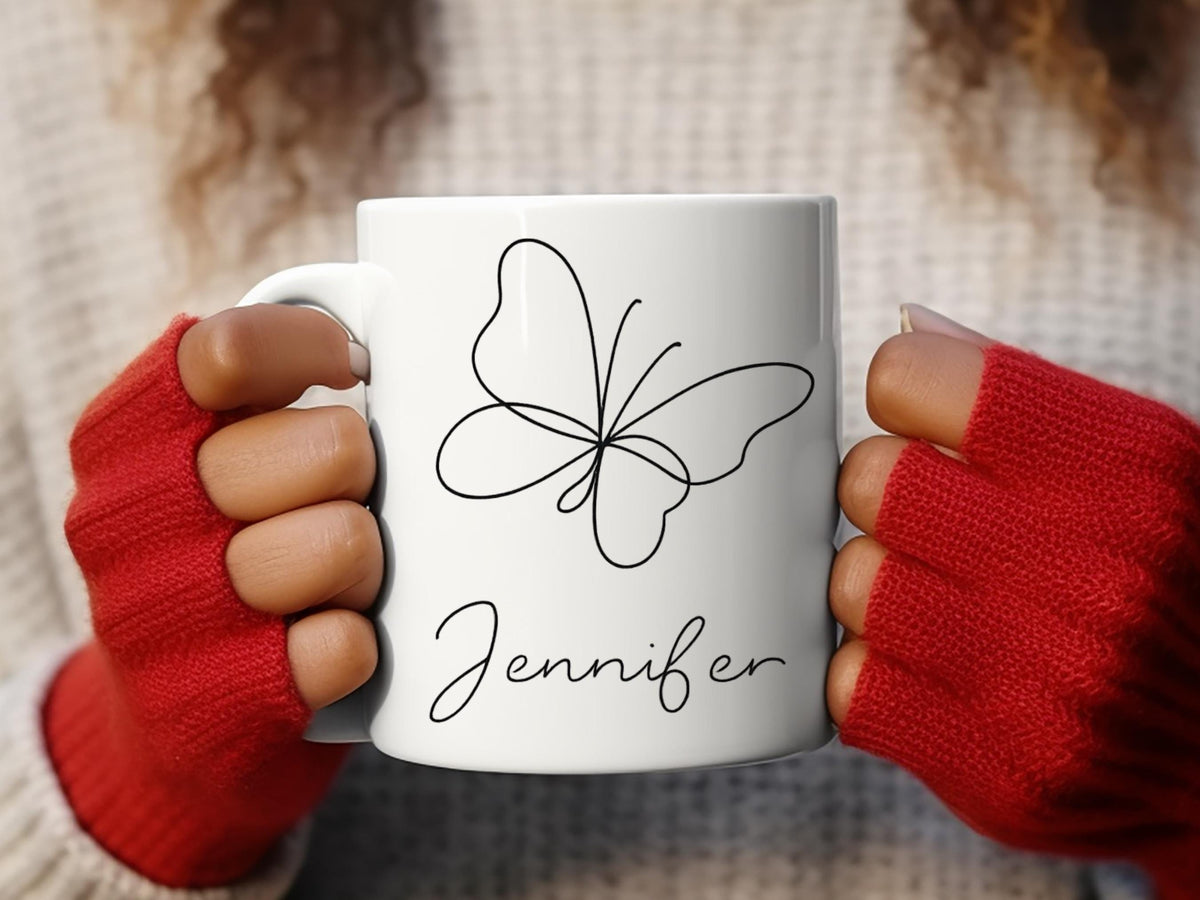 Personalized Mug, Butterfly Name, Minimalist Line Art Coffee Cup