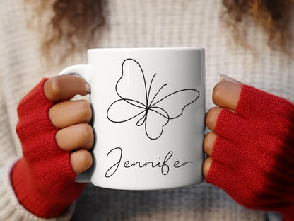 Personalized Mug, Butterfly Name, Minimalist Line Art Coffee Cup