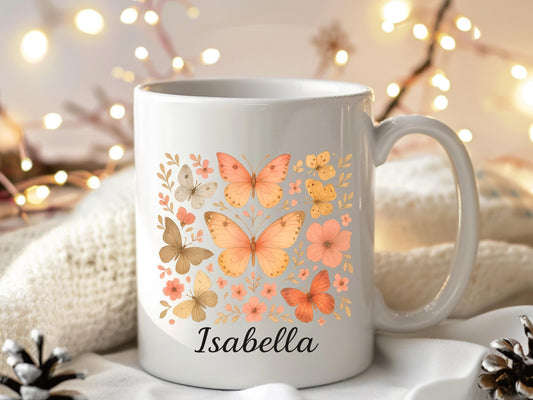 Custom Butterfly Mug, Ceramic Floral Coffee Cup, Mug With Name