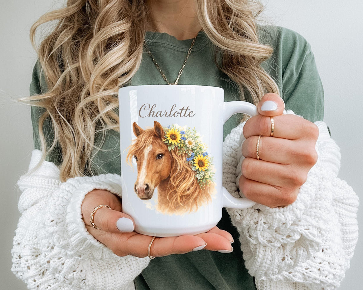 Personalized Floral Horse Mug, Equestrian Gift