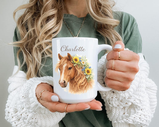 Personalized Floral Horse Mug, Equestrian Gift