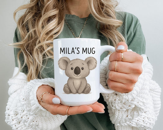 Custom Name Mug With Koala, White Ceramic, 11oz