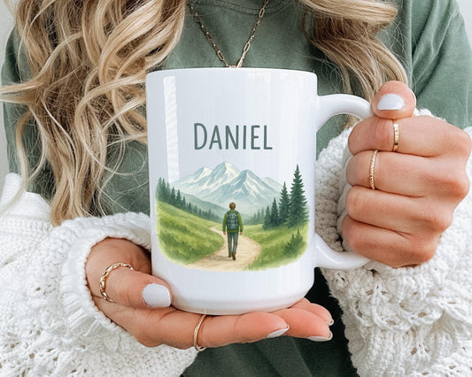 Personalized Mountain Hiker Mug, Custom Name Nature Lover Coffee Cup, Adventure Outdoorsy Gift