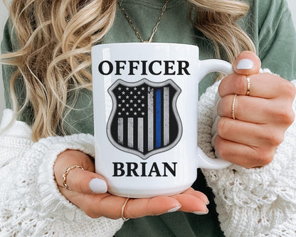 Personalized Police Officer Badge Mug – Custom Name Thin Blue Line Coffee Cup
