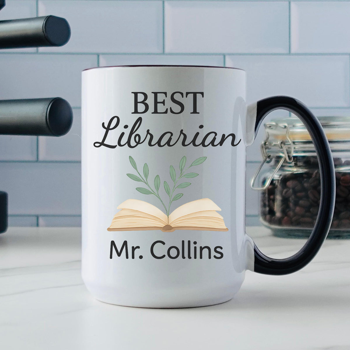 Personalized Librarian Gift Mug, Custom Name Book Lover Coffee Cup Mr. Collins