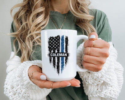 Personalized Thin Blue Line Flag Mug - Police Support Gift