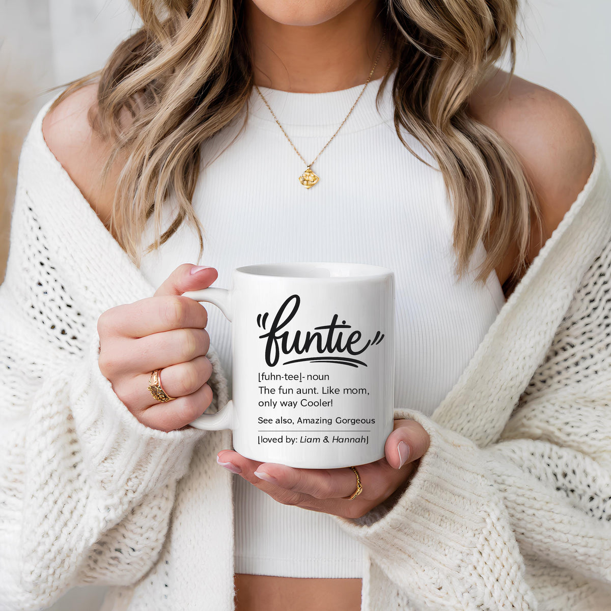 Funtie Mug, Funny Aunt Coffee Cup, Custom Name Ceramic, White 11oz