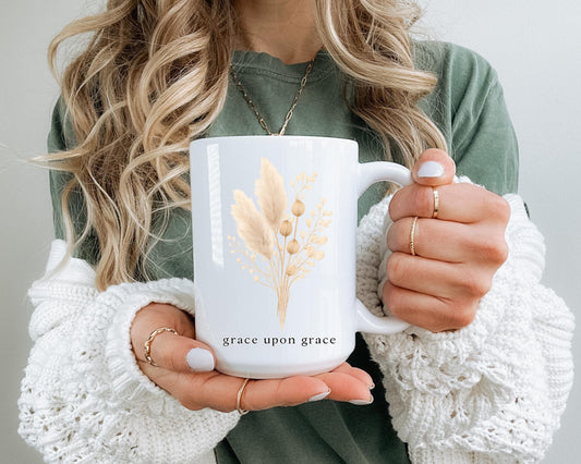 Grace Upon Grace Floral Mug – Minimalist Christian Coffee Cup