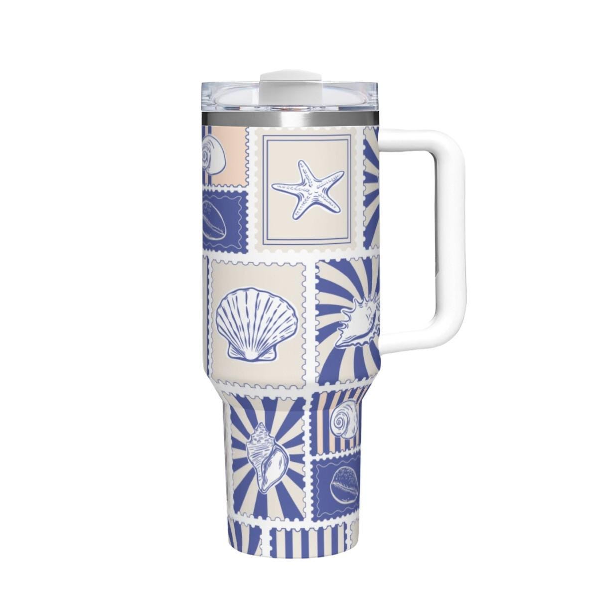 Coastal Grandmother Tumbler 40oz | Nautical Seashell Travel Cup with Handle | Beach House Gift for Her | Insulated Steel Mug