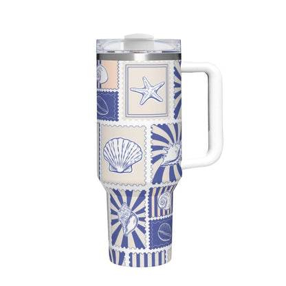 Coastal Grandmother Tumbler 40oz | Nautical Seashell Travel Cup with Handle | Beach House Gift for Her | Insulated Steel Mug