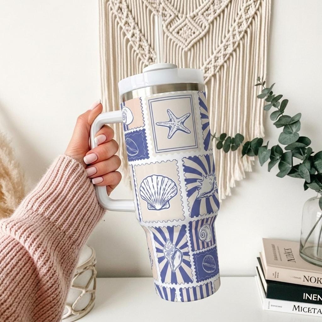Coastal Grandmother Tumbler 40oz | Nautical Seashell Travel Cup with Handle | Beach House Gift for Her | Insulated Steel Mug