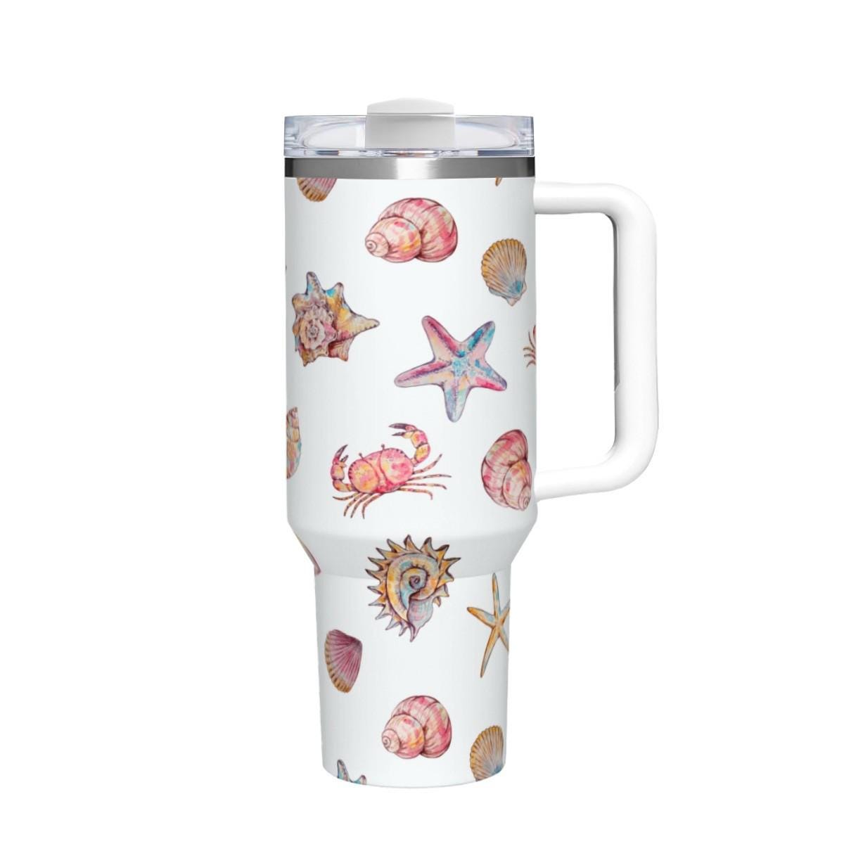 Coastal Sealife Tumbler 40oz | Watercolor Crab Shell Beach Cup with Handle | Summer Beach Gift for Her | Insulated Steel Mug