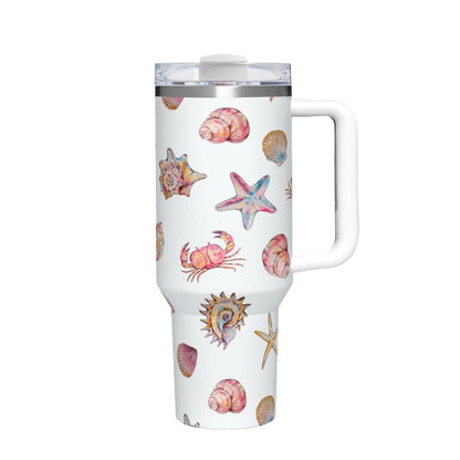Coastal Sealife Tumbler 40oz | Watercolor Crab Shell Beach Cup with Handle | Summer Beach Gift for Her | Insulated Steel Mug