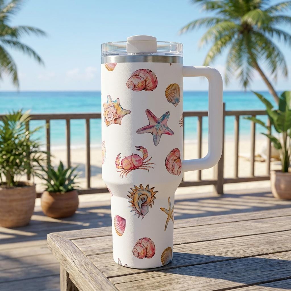 Watercolor Crab Seashell Tumbler 40oz | Coastal Sealife Travel Cup with Handle | Beach Themed Mug | Insulated Steel Cup