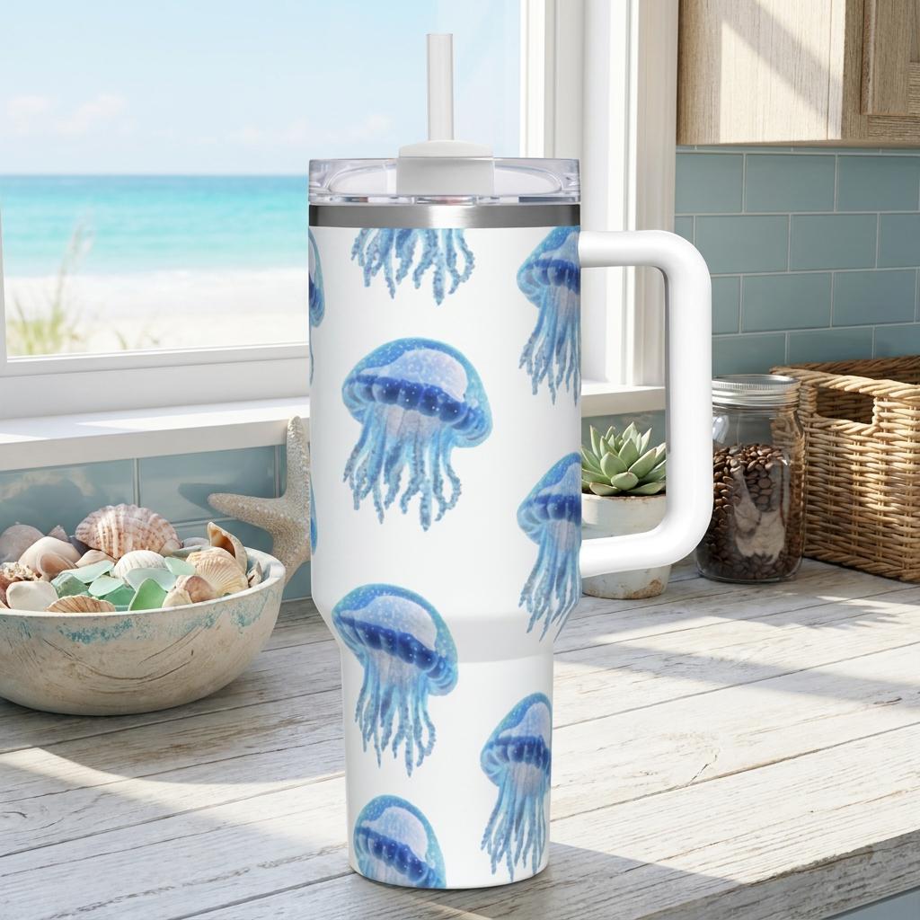 Watercolor Jellyfish Tumbler 40oz | Blue Ocean Aesthetic Travel Cup with Handle | Coastal Art Mug | Insulated Stainless Steel