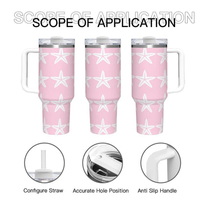 40oz Insulated Tumbler with Handle | Personalized Beach Gift for Her | Pink Starfish Travel Cup Women