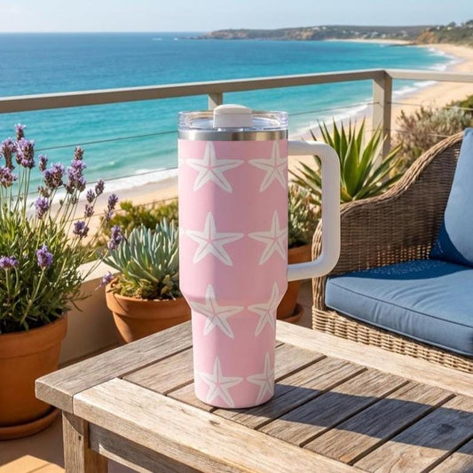 40oz Insulated Tumbler with Handle | Personalized Beach Gift for Her | Pink Starfish Travel Cup Women
