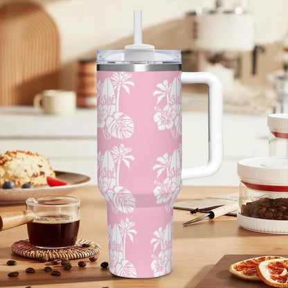 Pink 40oz Tumbler with Handle | Pink Tropical Travel Mug | Hawaiian Surfer Gift for Women