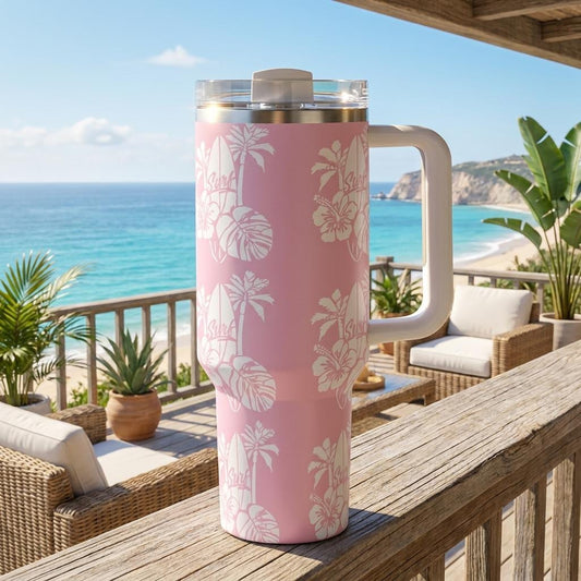 Pink 40oz Tumbler with Handle | Pink Tropical Travel Mug | Hawaiian Surfer Gift for Women
