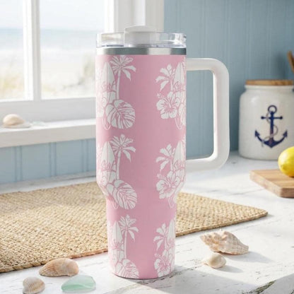 Pink 40oz Tumbler with Handle | Pink Tropical Travel Mug | Hawaiian Surfer Gift for Women