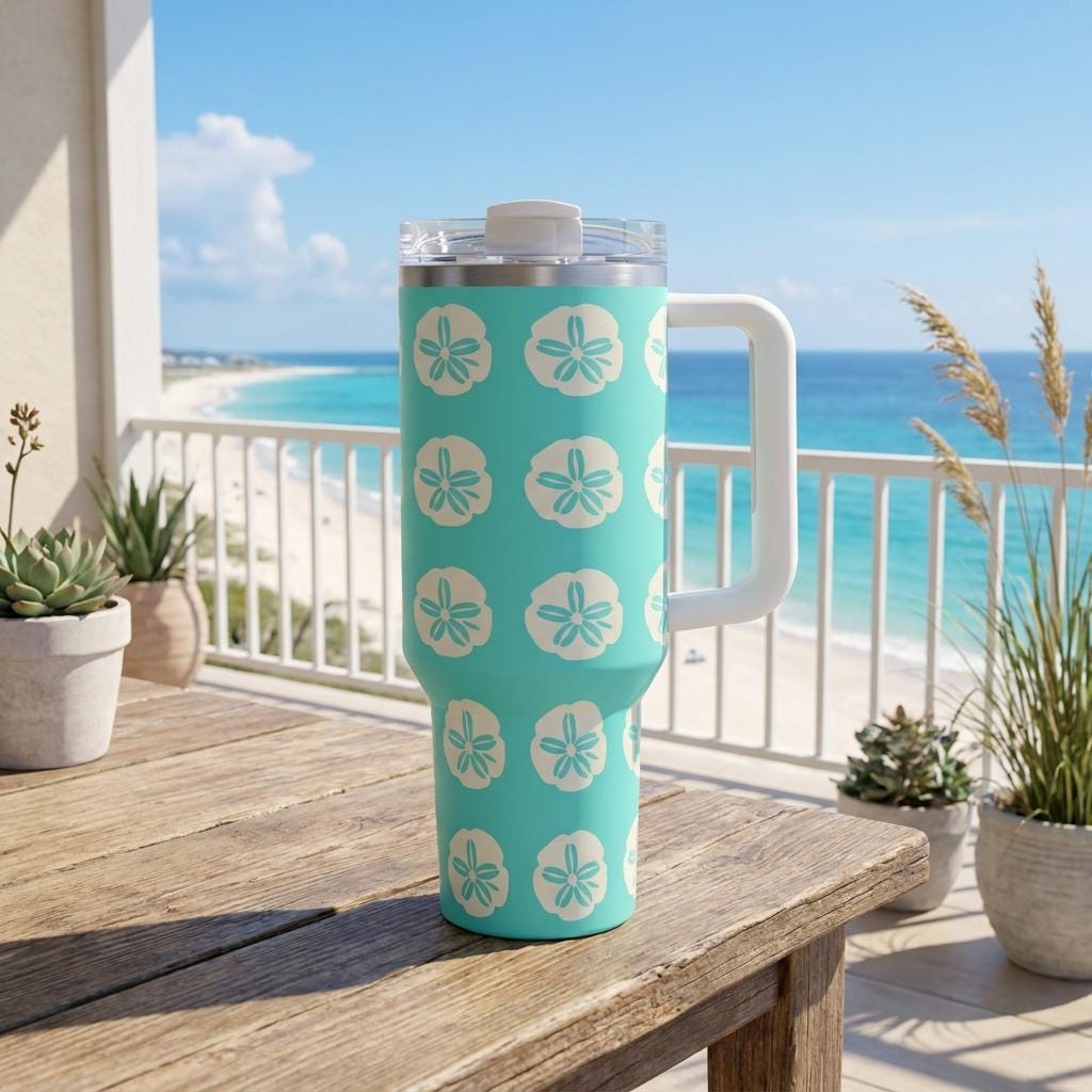 40oz Insulated Tumbler with Handle | Teal Beach Gift for Her | Coastal Sand Dollar Travel Cup Women
