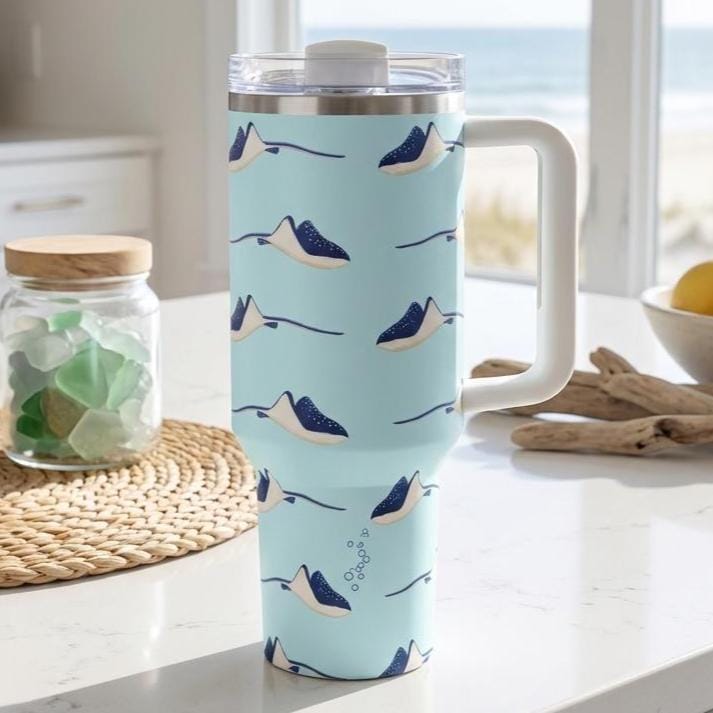 40oz Insulated Tumbler with Handle | Stingray Ocean Gift for Her | Aqua Blue Travel Cup Women
