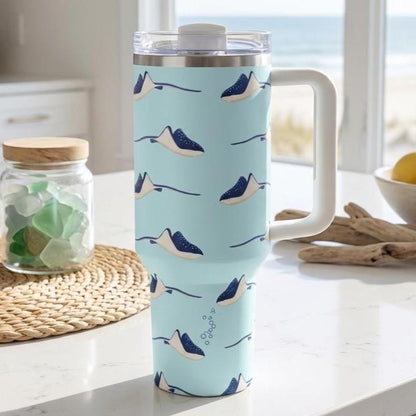 40oz Insulated Tumbler with Handle | Stingray Ocean Gift for Her | Aqua Blue Travel Cup Women