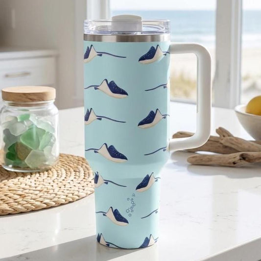40oz Insulated Tumbler with Handle | Stingray Ocean Gift for Her | Aqua Blue Travel Cup Women