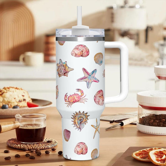 Watercolor Crab Seashell Tumbler 40oz | Coastal Sealife Travel Cup with Handle | Beach Themed Mug | Insulated Steel Cup