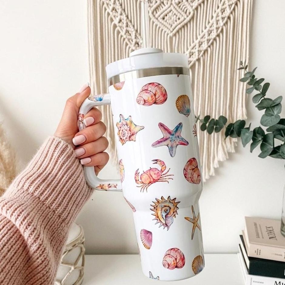 Coastal Sealife Tumbler 40oz | Watercolor Crab Shell Beach Cup with Handle | Summer Beach Gift for Her | Insulated Steel Mug