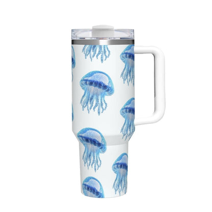 Watercolor Jellyfish Tumbler 40oz | Blue Ocean Aesthetic Travel Cup with Handle | Coastal Art Mug | Insulated Stainless Steel