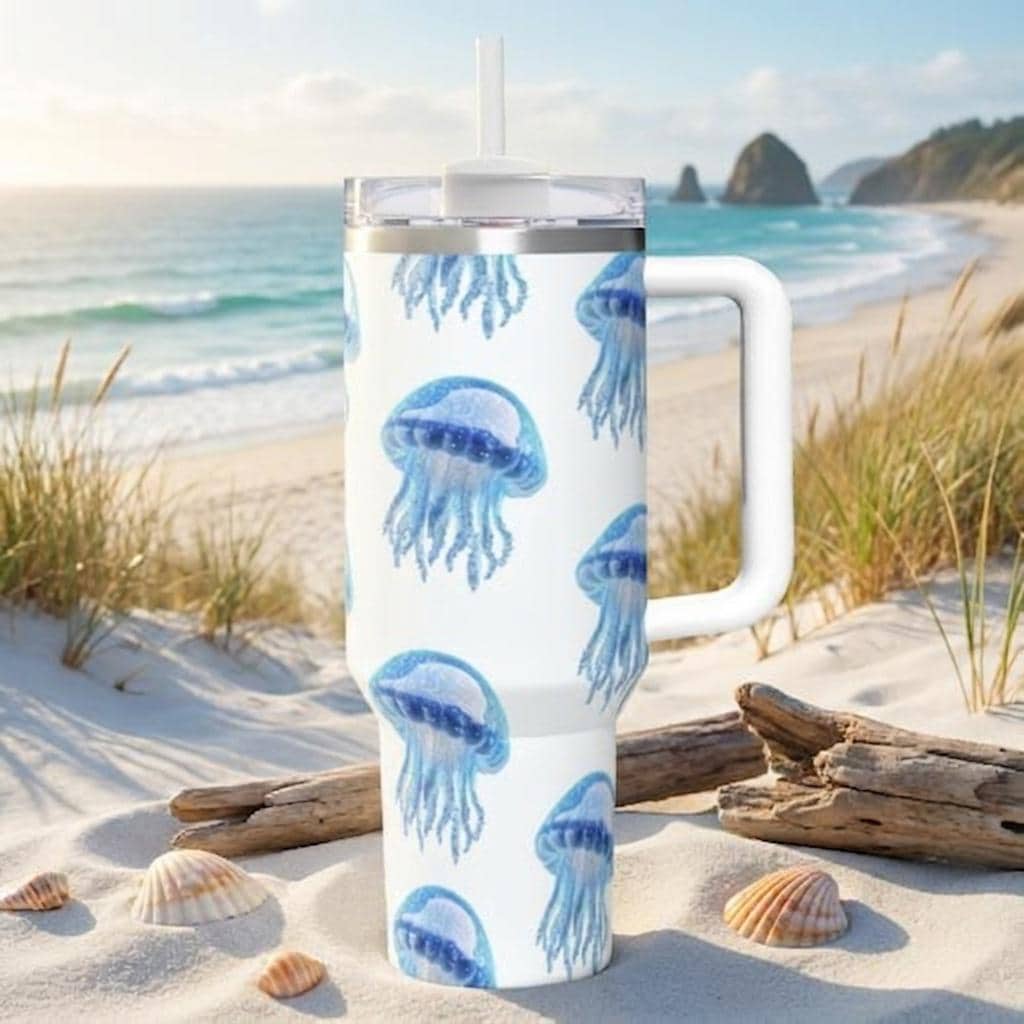 Watercolor Jellyfish Tumbler 40oz | Blue Ocean Aesthetic Travel Cup with Handle | Coastal Art Mug | Insulated Stainless Steel