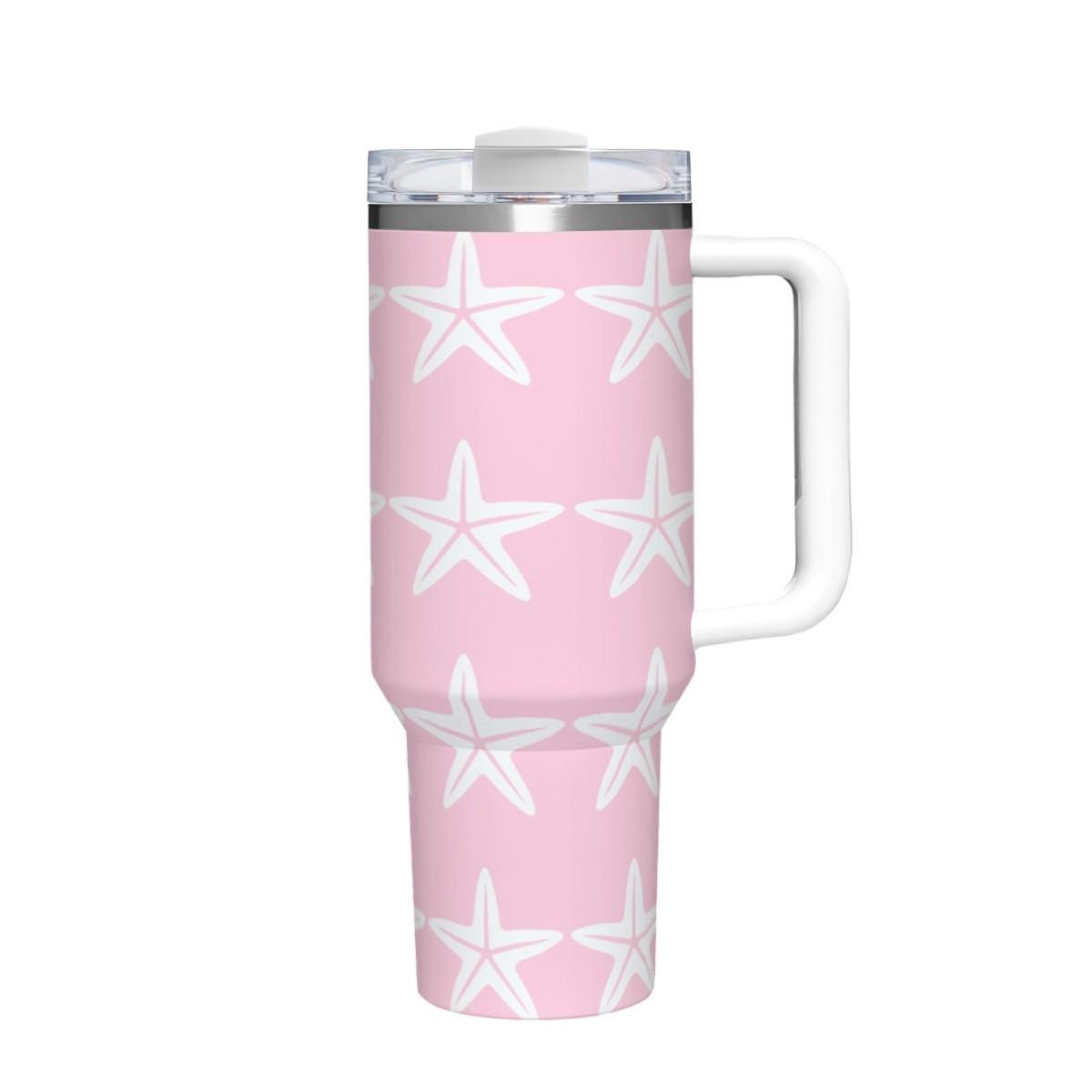 40oz Insulated Tumbler with Handle | Personalized Beach Gift for Her | Pink Starfish Travel Cup Women