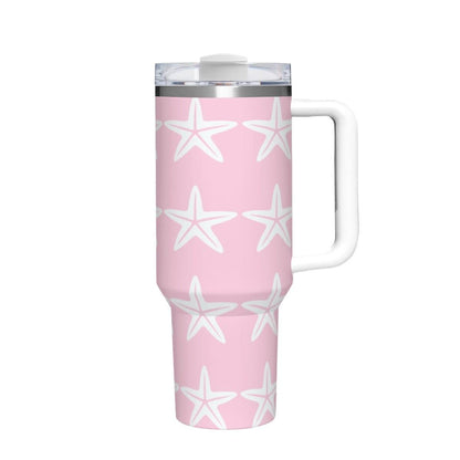 40oz Insulated Tumbler with Handle | Personalized Beach Gift for Her | Pink Starfish Travel Cup Women