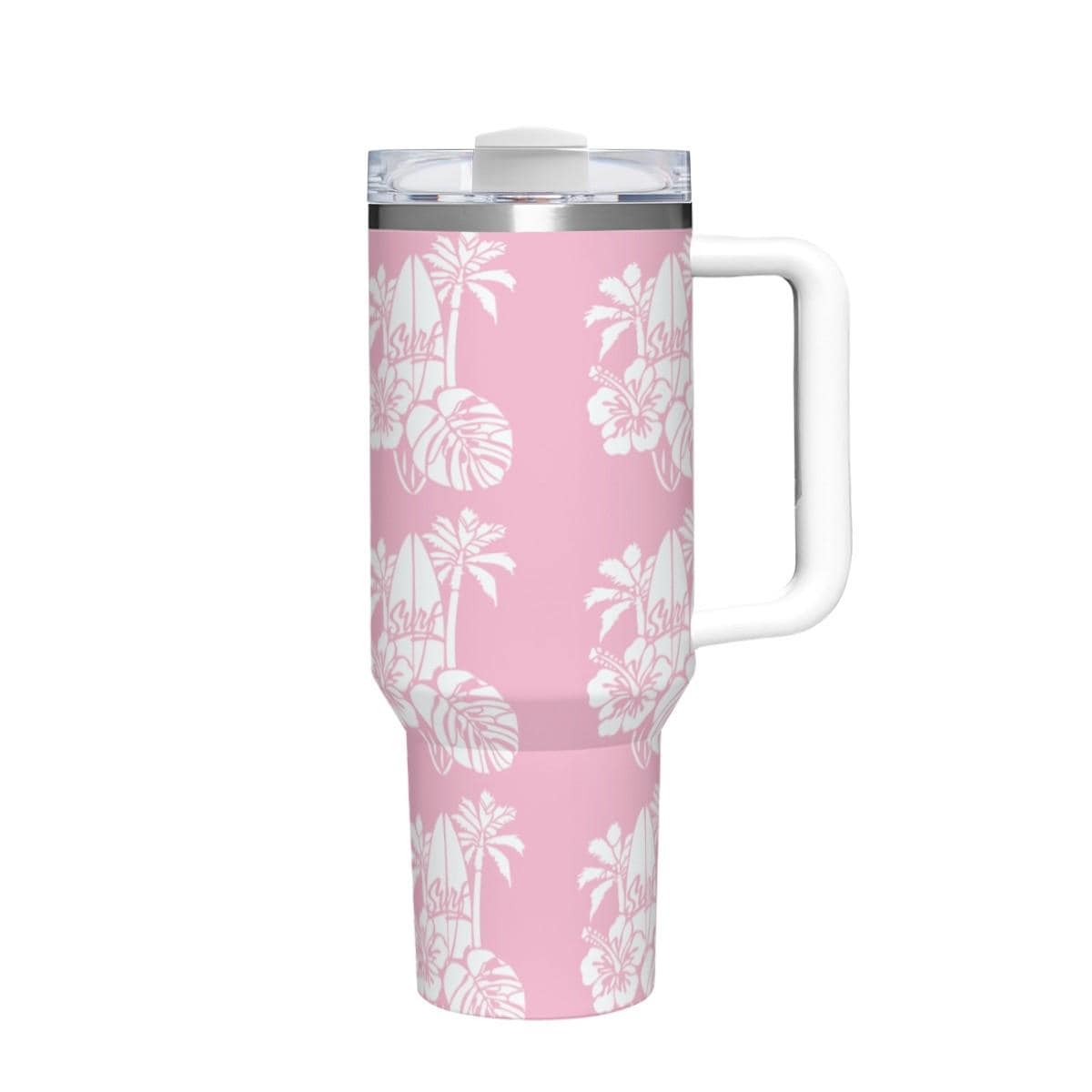 40oz Insulated Tumbler with Handle | Tropical Beach Gift for Her | Pink Hawaiian Travel Cup Women