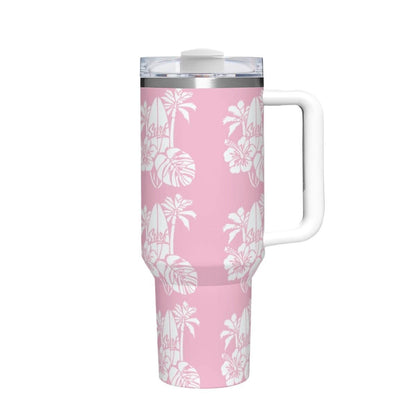 40oz Insulated Tumbler with Handle | Tropical Beach Gift for Her | Pink Hawaiian Travel Cup Women