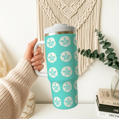 40oz Insulated Tumbler with Handle | Teal Beach Gift for Her | Coastal Sand Dollar Travel Cup Women