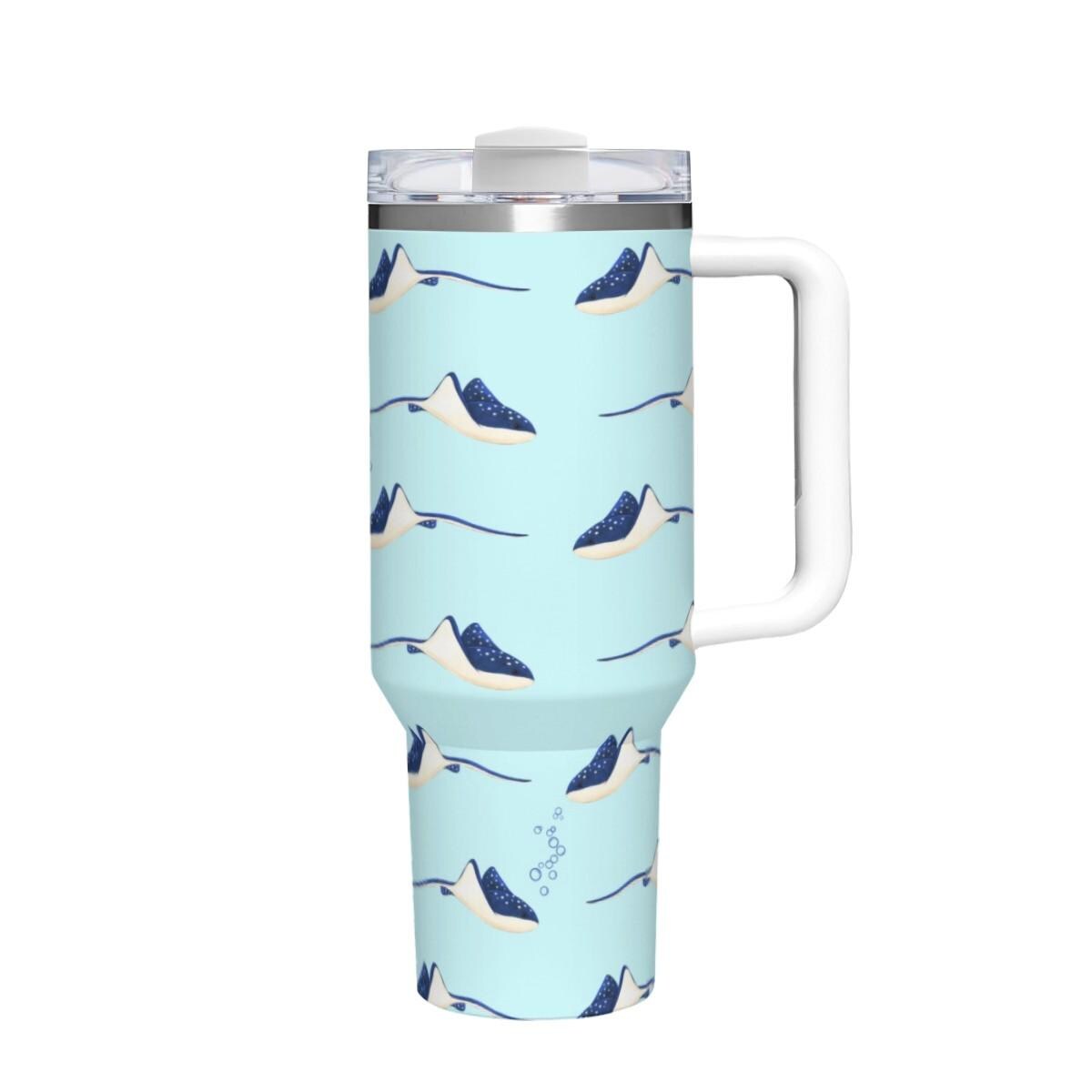 40oz Insulated Tumbler with Handle | Stingray Ocean Gift for Her | Aqua Blue Travel Cup Women
