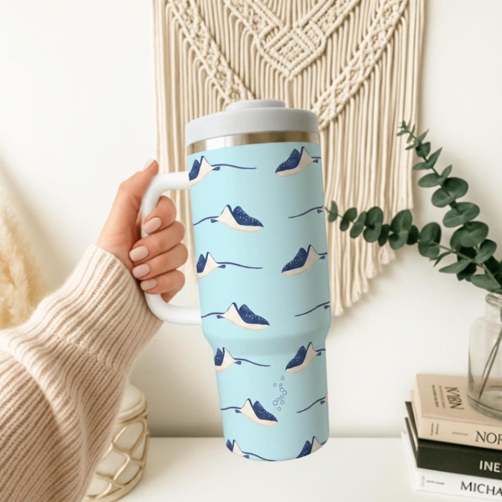 40oz Insulated Tumbler with Handle | Stingray Ocean Gift for Her | Aqua Blue Travel Cup Women