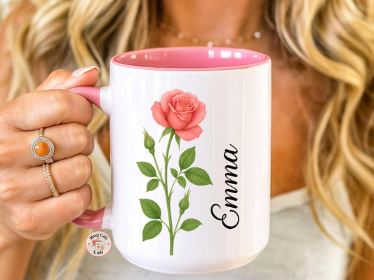 Personalized Rose Flower Coffee Mug, Custom Floral Name Gift