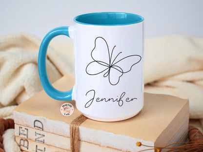 Personalized Mug, Butterfly Name, Minimalist Line Art Coffee Cup