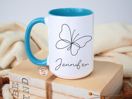 Personalized Mug, Butterfly Name, Minimalist Line Art Coffee Cup