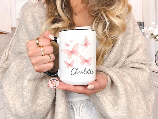 Personalized Butterfly Name Mug, Floral Coffee Cup, Pastel Accent Mug